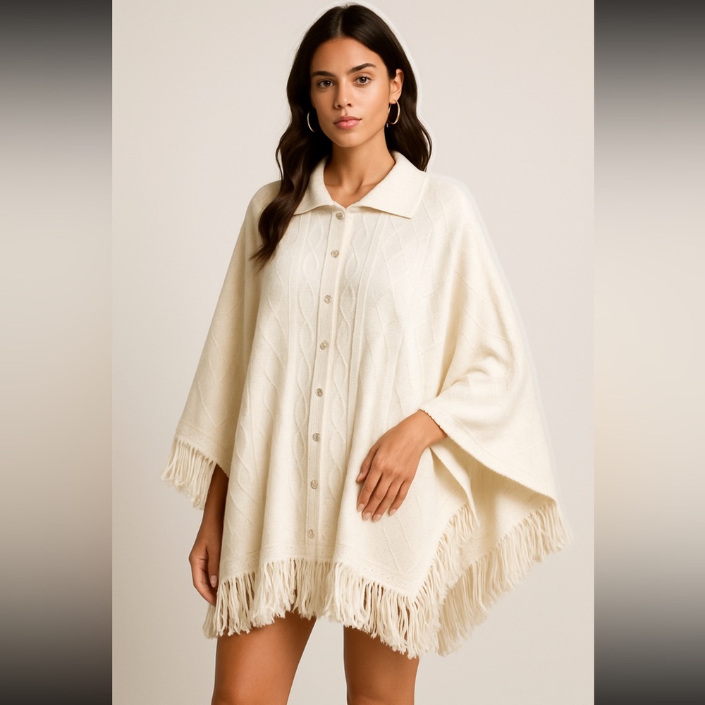 Vintage Cream Fringe Knit Poncho – Button Front Boho Cape